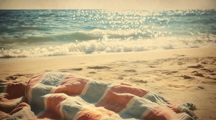A striped blanket rests on sandy beach next to the ocean