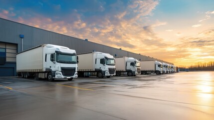 Logistics hub with trucks lined up for shipping at sunset