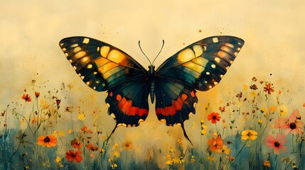 Delicate Butterfly with Intricate Patterns Flying Over Blooms with Playful Dashed Line Trail