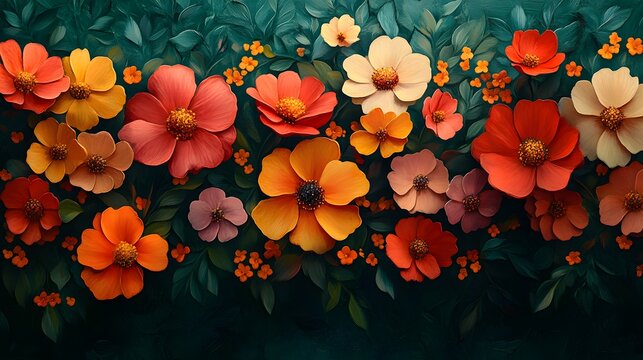 Colorful AI Abstract Composition of Blossoming Spring Flowers on a Rich Green Backdrop Signifying Renewal