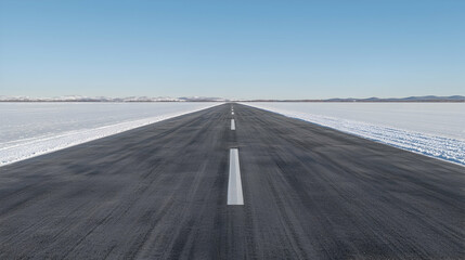 Fototapeta premium Snowy runway vanishing point, clear sky, mountains background, travel poster