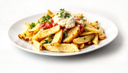 Delicious patatas bravas topped with aioli on a white plate, culinary delight