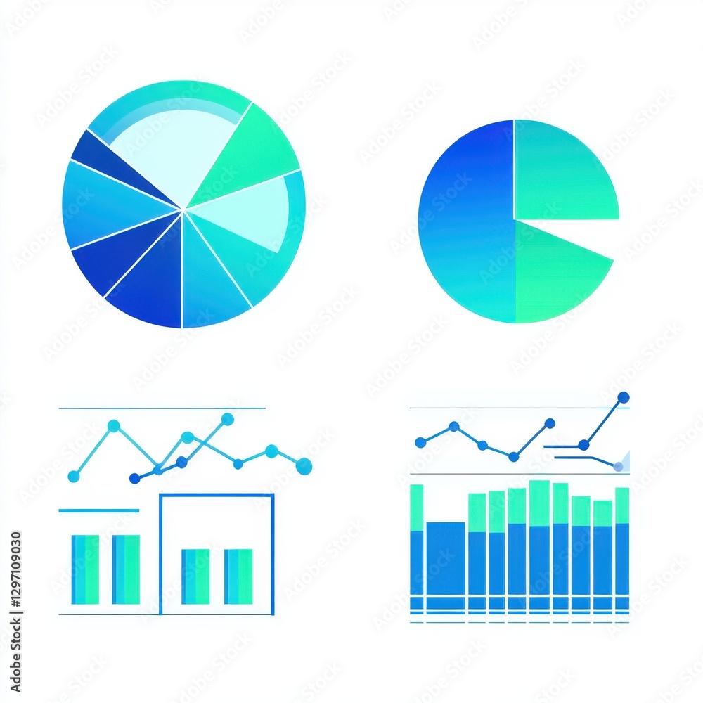 Poster colorful blue pie charts and bar graphs illustrating data analysis and trends.