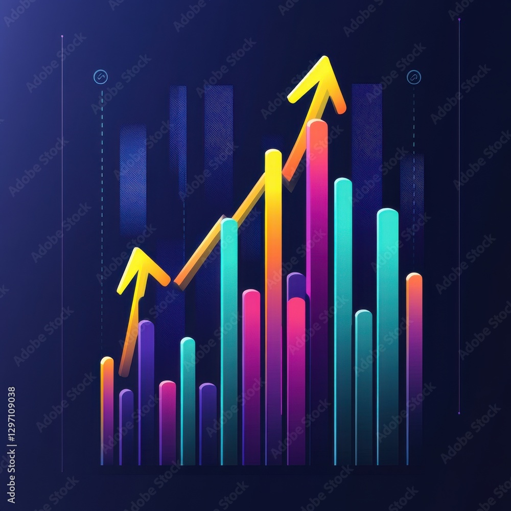 Poster a vibrant, colorful graph displaying upward trends with dynamic arrows, representing growth and prog