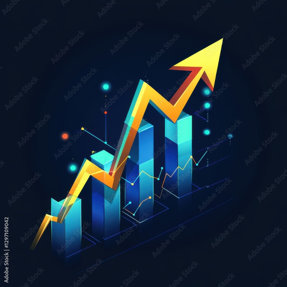 Poster abstract financial graph with rising arrow and digital elements, showcasing growth potential and dat