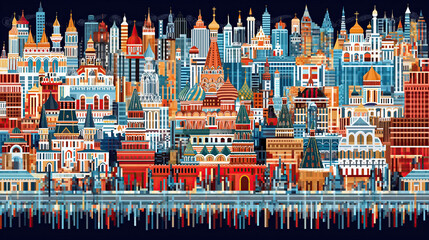 Diverse cityscape featuring iconic architectural styles in a colorful nighttime setting