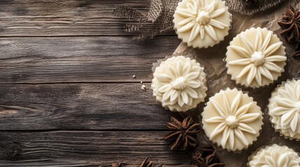 Fototapeta premium Intricate Floral Kuih Semperit on Rustic Wooden Table with Natural Light