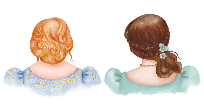 beautiful watercolor illustration featuring Eloise and Penelope from Bridgerton, facing away in elegant turquoise dresses adorned with delicate floral hairstyles. A captivating artistic representation