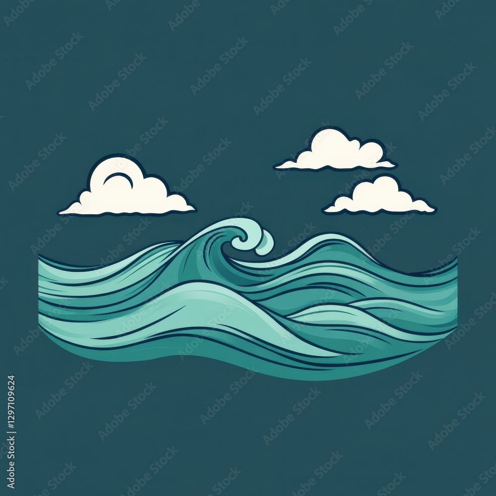 Poster stylized ocean waves with clouds in a serene teal color scheme.