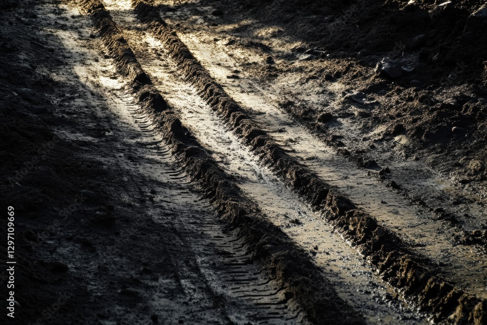 Leinwandbilder tire tracks left in muddy ground during early morning light create an interesting pattern in the lan