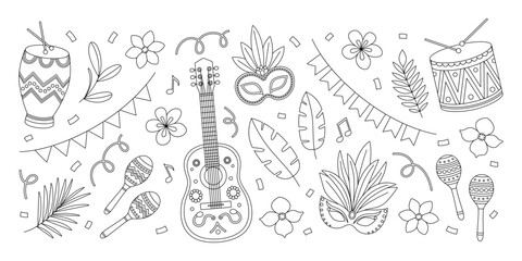 Brazil Carnival coloring page. Outline set with guitar, maracas, drums, masks with feathers, flowers, leaves, garlands and confetti. Contour festival elements collection. Coloring book for print