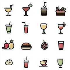 A colorful assortment of beverages and sweet treats arranged in a fun, illustrated style.