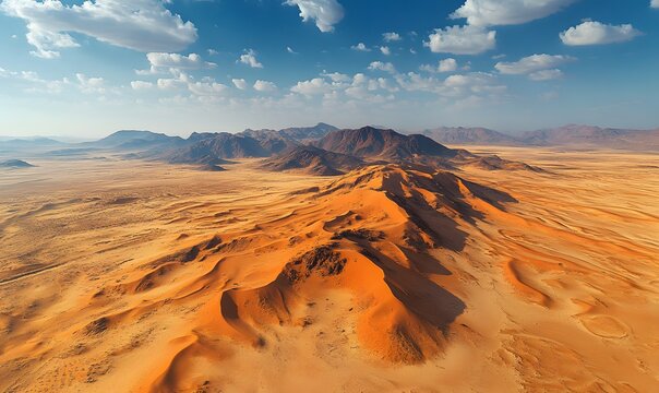 An expansive desert landscape with rolling sand dunes and distant mountains under a blue sky with clouds