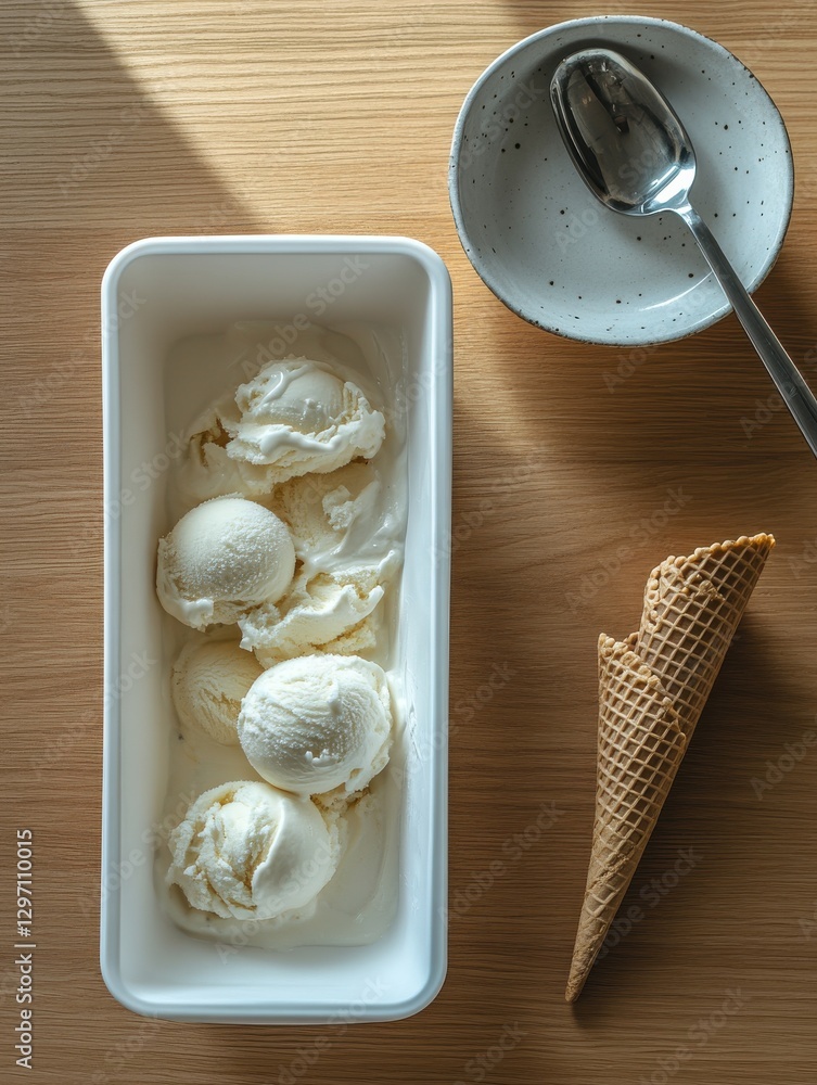 Aufkleber creamy vanilla ice cream scoops in rectangular container with empty cone and bowl in sunlight on woo