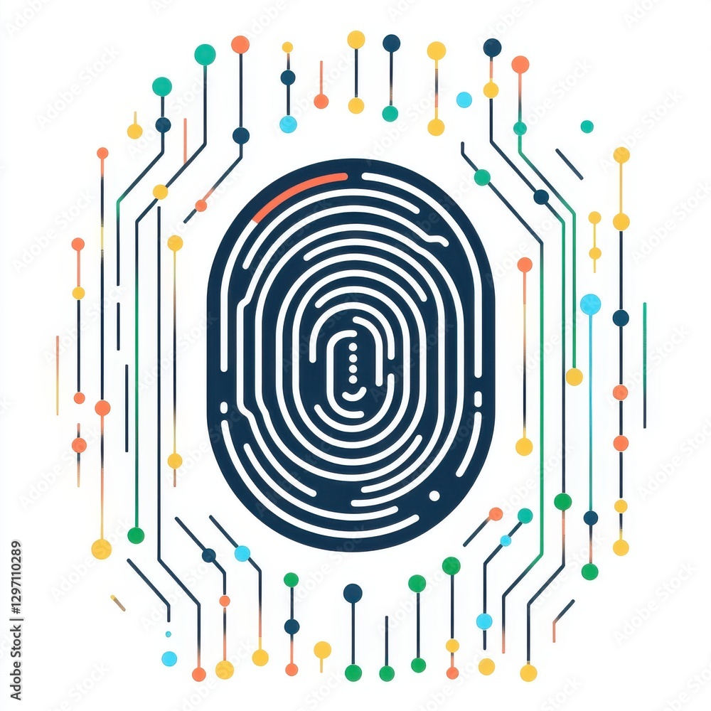 Poster abstract digital fingerprint design with colored circuits symbolizing security and technology.