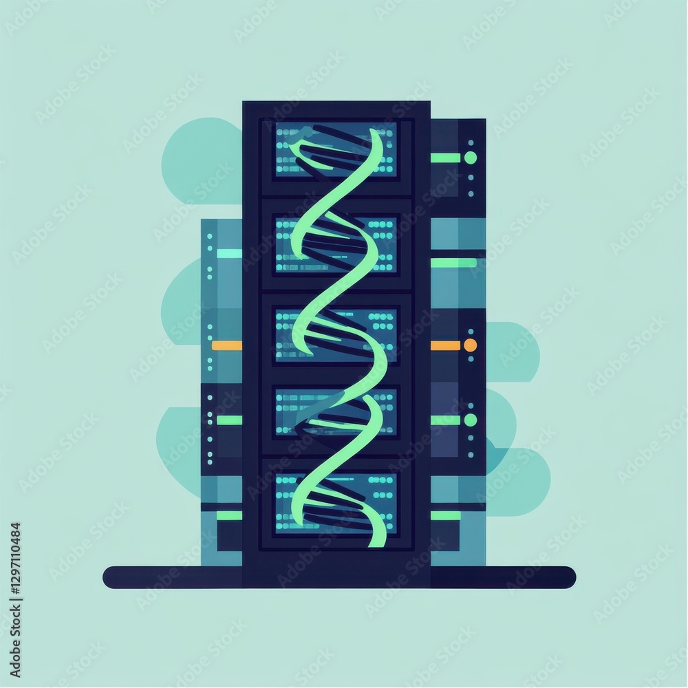 Poster stylized illustration of a modern data server rack with swirling data lines, emphasizing technology 