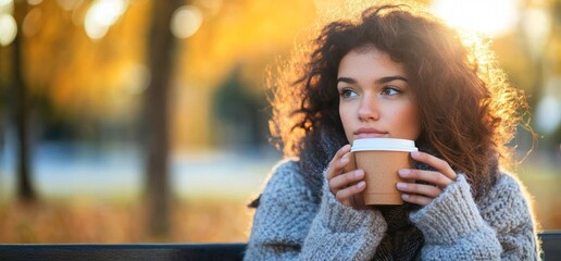 Woman enjoys autumn coffee in park.  Relaxing outdoors, fall foliage