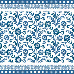 abstract blue ikat floral seamless pattern with artistic border for vintage and modern projects
