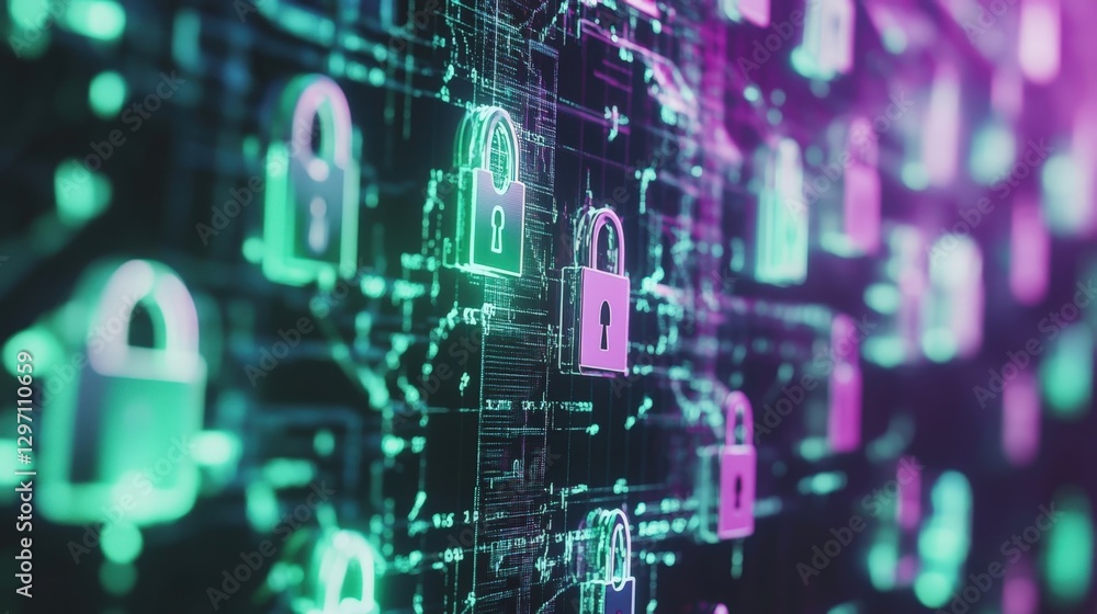 Poster glowing digital padlocks hover over a stream of encrypted data, symbolizing robust cybersecurity mea