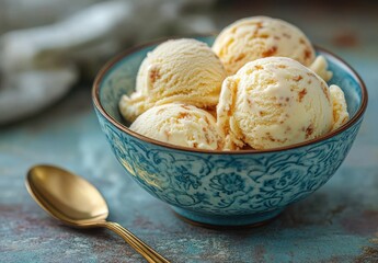 Creamy vanilla ice cream scoops served in an elegant blue bowl with golden spoon on a rustic wooden table, perfect for dessert and food photography