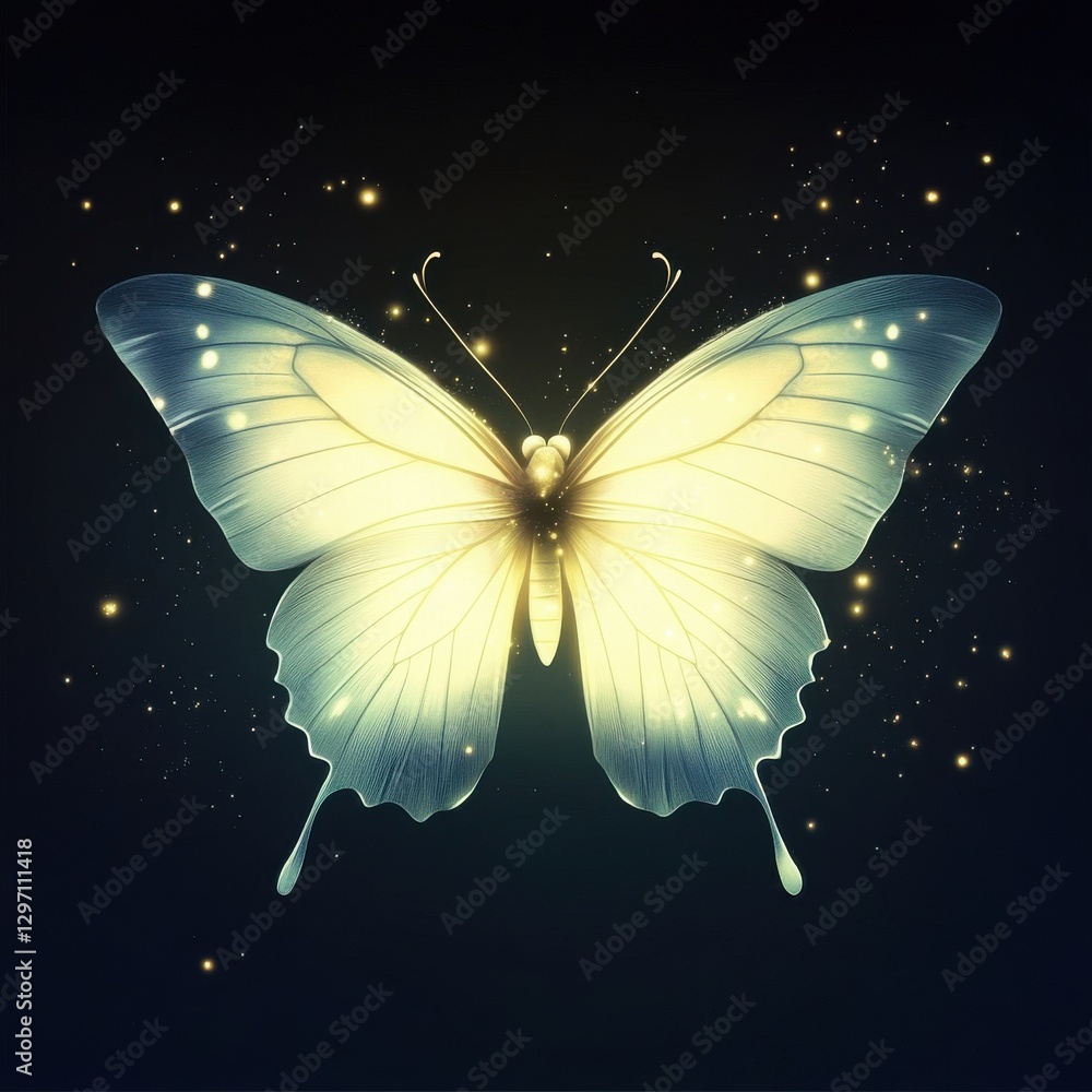 Poster a glowing ethereal butterfly spreads its wings, illuminating the dark background with soft light.