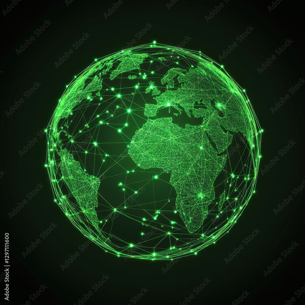 Poster a vibrant green digital globe showcasing interconnected nodes representing global networking.