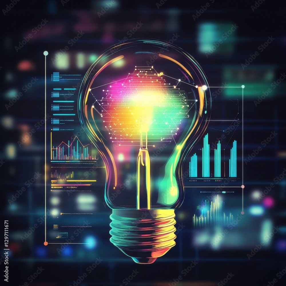 Poster a vibrant light bulb symbolizes creativity and innovation with colorful data visualizations and grap