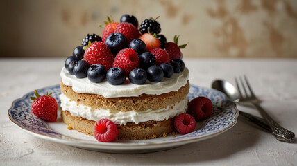 Creamy Dessert Cake Topped With Fresh Berries And Whipped Cream On Intricate Porcelain Plate Background
