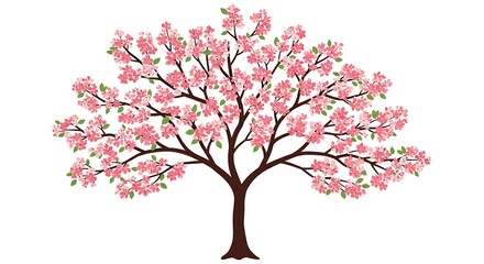 Obraz premium Blooming Cherry Blossom Tree with Pink Flowers and Green Leaves