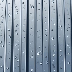 Raindrops glisten on a metallic surface, creating a serene and reflective atmosphere.