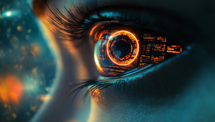 Intense close-up of an eye with a glowing digital interface reflected in the iris, symbolizing the fusion of human and machine in a high-tech world