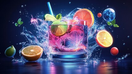 Neon cocktail with swirling galaxies and citrus slices in cosmic surrealism. Generative AI