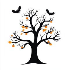 Obraz premium A spooky black tree decorated with orange pumpkins and bats, capturing the essence of Halloween.