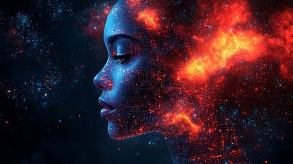 Digital Woman Embraces Cosmic Fire And Nebula