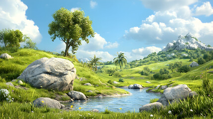 Fototapeta premium Serene mountain stream flows past lush green hills, sunny day
