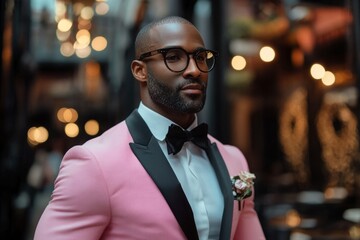 Confident groom wearing stylish pink suit and bow tie poses for portrait at wedding reception