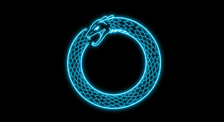 Neon Blue Ouroboros: Glowing Serpent Biting its Tail in a Circle, Illuminating the Darkness on a Black Background