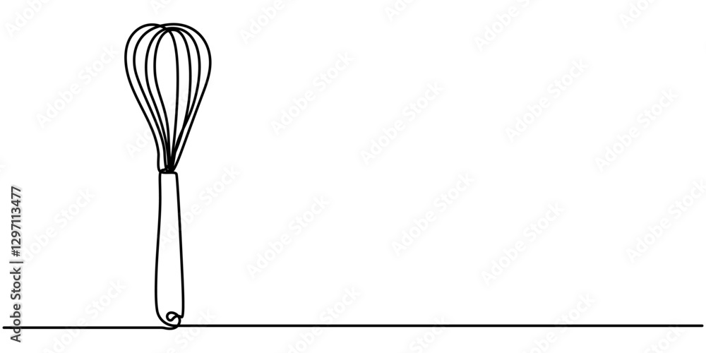 Poster cooking whisk one line continuous drawing. kitchen tools continuous one line illustration. vector mi