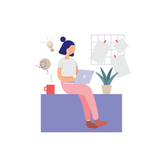 Woman Working on Laptop Vector Illustration