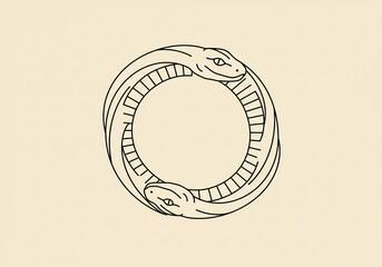 Minimalist Ouroboros Line Art: Two Snakes Forming a Circle, Symbolizing Eternity and Duality, on a Cream Background