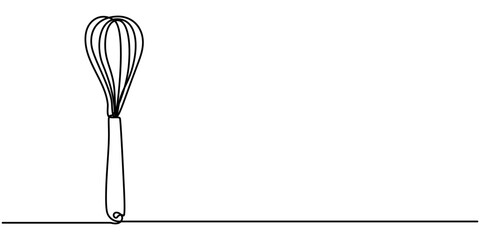 Cooking whisk one line continuous drawing. Kitchen tools continuous one line illustration. Vector minimalist linear illustration, Beater Continuous Line Icon, Recipe continuous line drawing with color