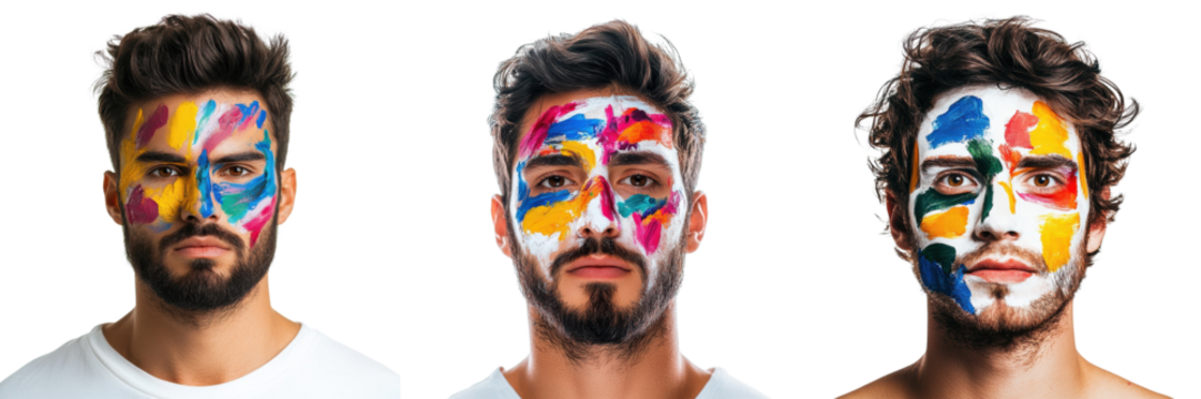A Set of Painted Male Faces with Expressive Abstract Designs Isolated on Transparent Background - Powered by Adobe