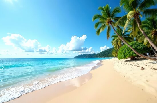 Idyllic tropical beach with palm trees and pristine sand under clear blue sky