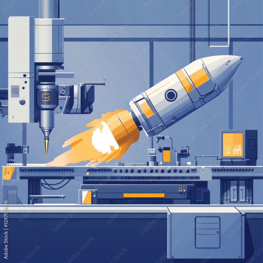 Poster futuristic factory scene featuring a rocket launch from a precision machine, showcasing innovation a