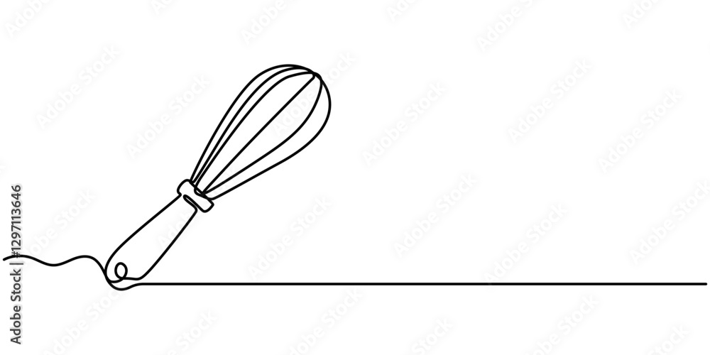 Poster cooking whisk one line continuous drawing. kitchen tools continuous one line illustration. vector mi