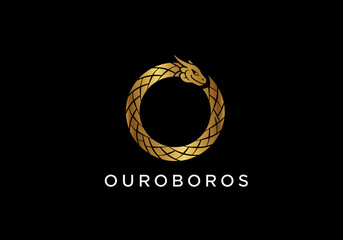 Golden Ouroboros Logo: Elegant Symbol of Eternity and Cyclicality - Stylized Serpent Biting its Tail in a Luxurious Gold Finish on a Black Background with "OUROBOROS" Text