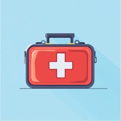 Obraz premium A vibrant red first aid kit with a white cross symbol against a light blue background.