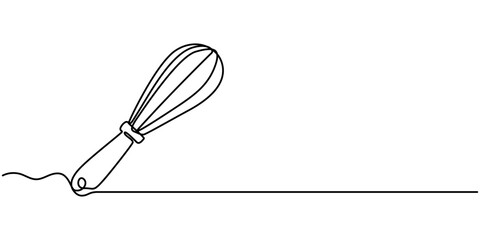 Cooking whisk one line continuous drawing. Kitchen tools continuous one line illustration. Vector minimalist linear illustration, Beater Continuous Line Icon, Recipe continuous line drawing with color