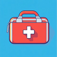 Obraz premium Illustration of a red first aid kit against a bright blue background, symbolizing health and safety.
