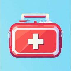 Obraz premium A vibrant red first aid kit with a white cross symbol against a light blue background.